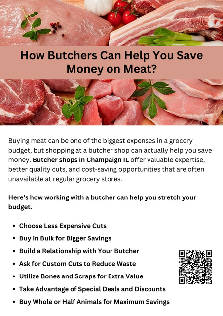 Butchers can help you save money on meat by offering bulk discounts, suggesting budget-friendly cuts, and providing custom portioning to reduce waste. Unlike pre-packaged grocery store options, butcher shops in Champaign IL provide fresher, high-quality meat at competitive prices. They also share expert cooking tips to maximize flavor and tenderness, ensuring you get the best value for your money while enjoying better cuts of meat. To know more visit here https://www.goharvestmarket.com/our-story/butcher-shop-our-meat-department/