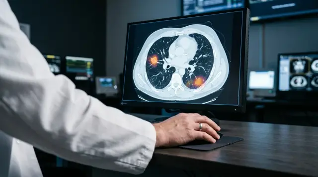 Radiologist's hands near monitor showing CT scan with AI diagnostic overlay in dim reading room