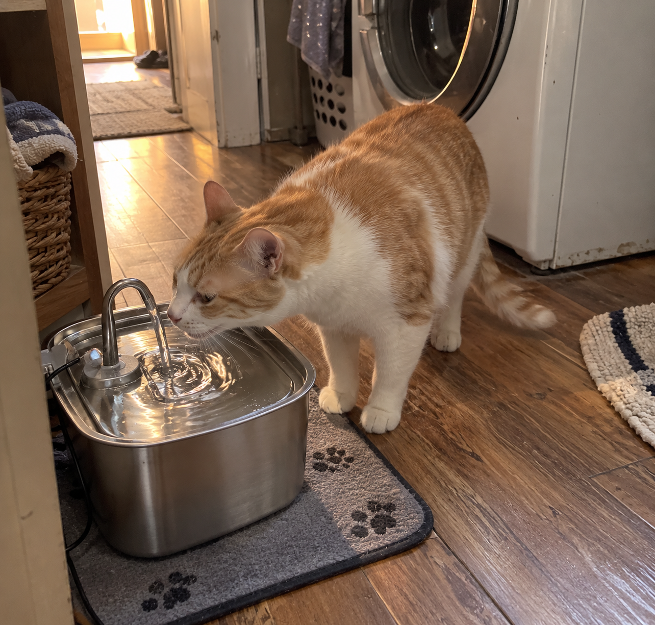 Cat using fountain by the door