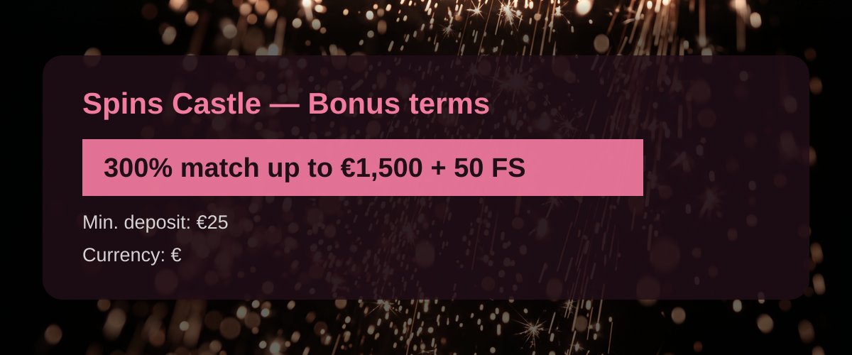 Spins Castle — Bonus terms: 300% match up to €1,500 + 50 FS