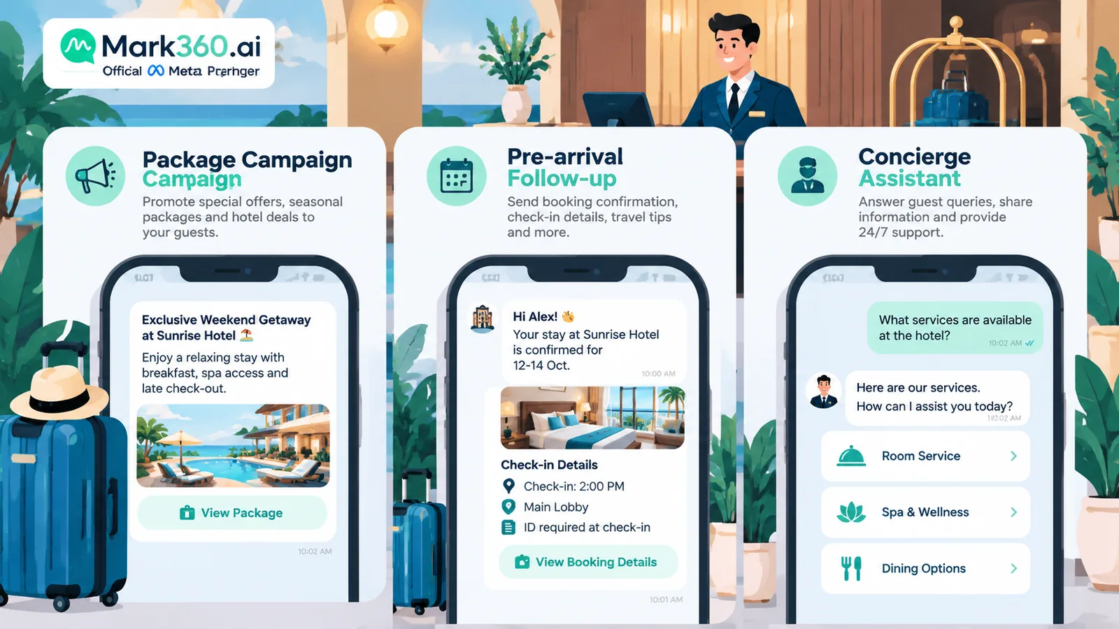 Hotel WhatsApp guest journey: booking confirm, pre-arrival drip, concierge chatbot, package broadcast