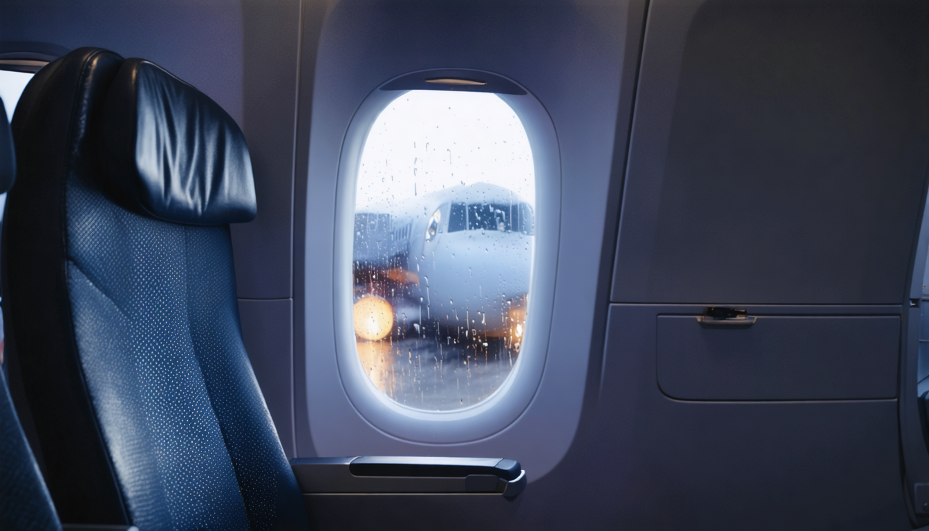 An empty seat beside a rain-streaked window — the structural alibi of transience, preserved in amber light.