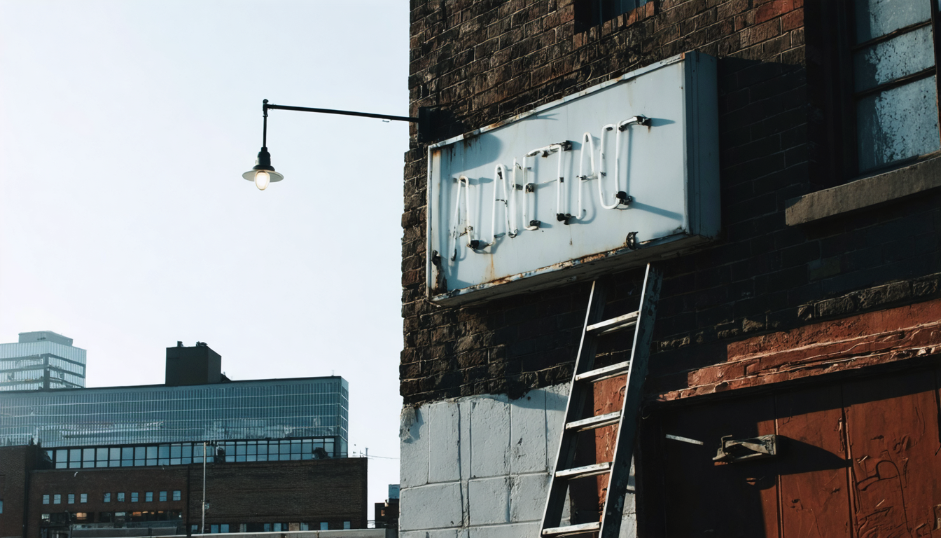 An unlit neon sign tube on a building exterior during bright daytime, ladder leaning against the wall, no figures visible.