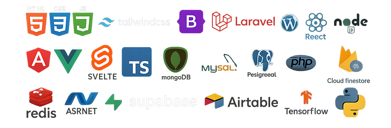 Logos de Tecnologías: HTML5, CSS, PHP, Flask, Flutter, JavaScript, Laravel, MySQL, PostgreSQL, Microsoft SQL, MongoDB, Oracle DB