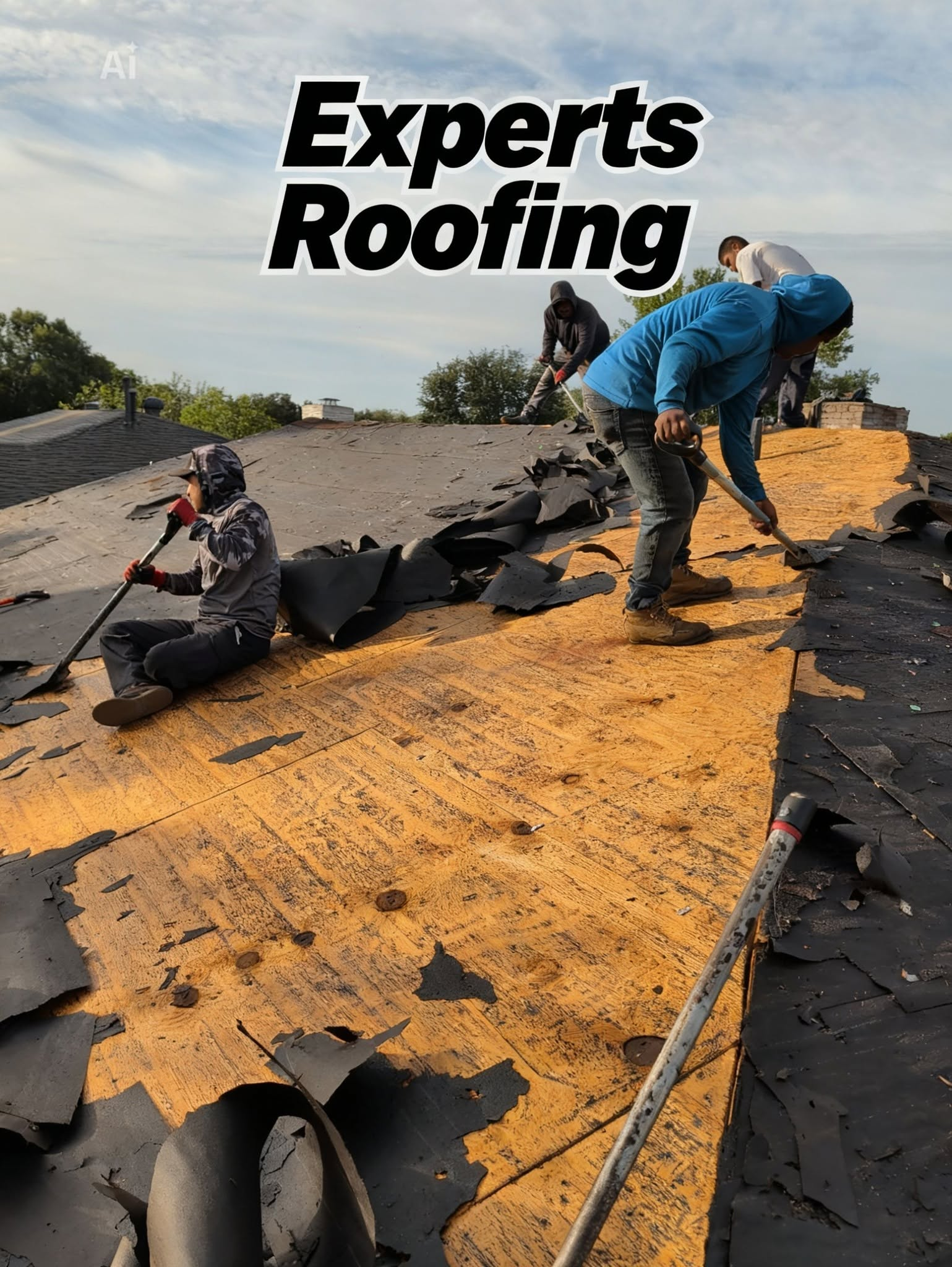 Roofing crew installing shingles