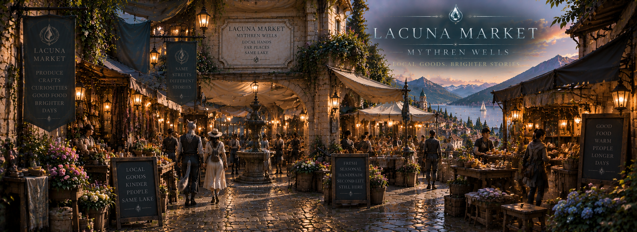 Lacuna Market glowing beneath evening lanterns in Mythren Wells.