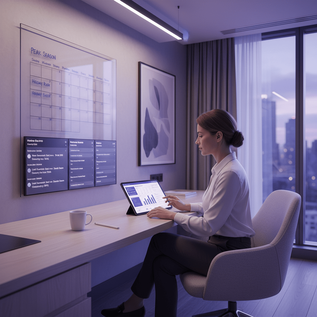 A hotel manager reviewing dynamic pricing and availability on a tablet beside a calendar and booking alerts