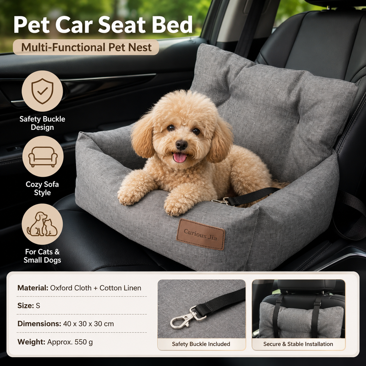 Grey S Size 40x30cm Car pet bed -Oxford Linen Removable Washable Non-Slip Sofa Bed for Small Dogs Cats Indoor Travel Use