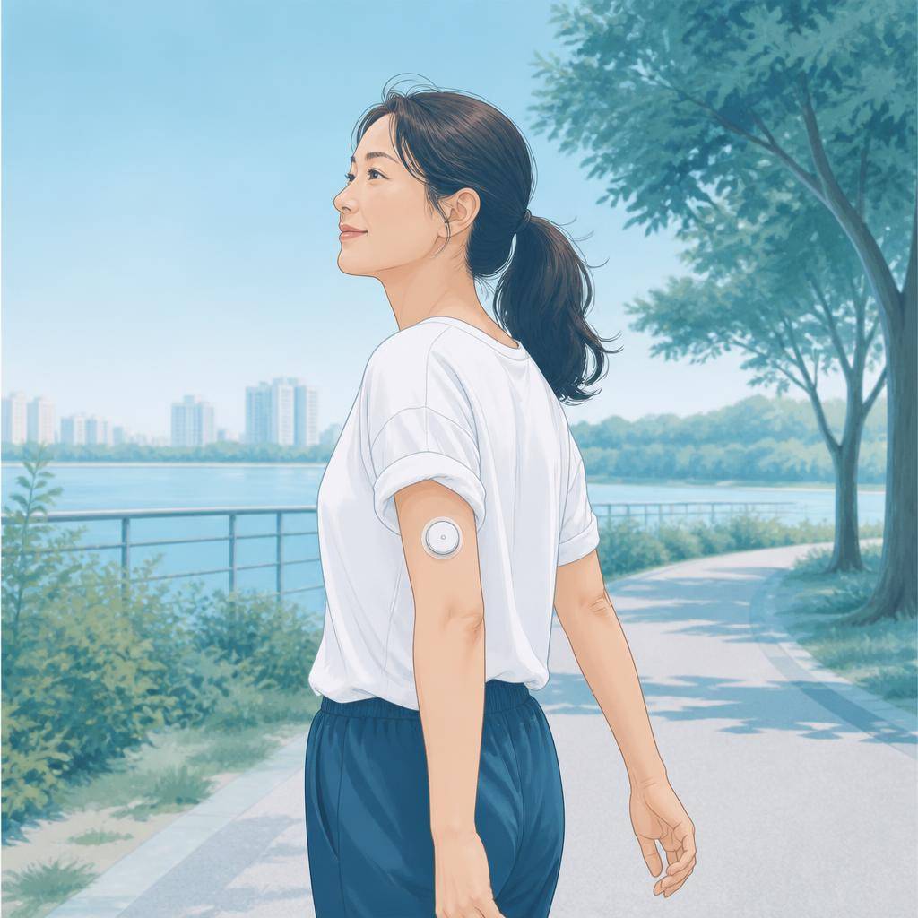 연속혈당측정기 센서를 팔에 부착한 성인이 스마트폰을 내려놓고 산책하는 모습, 그래프 숫자에