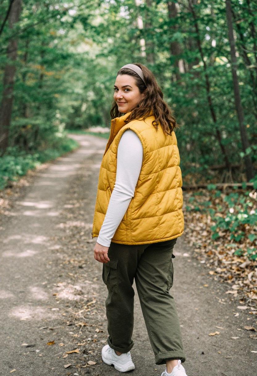 Mustard yellow puffer vest over white thermal and olive cargo trousers for casual outdoor style