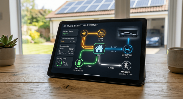 A smart home management interface on a tablet, displaying the real-time energy flow between solar panels, a home battery, an electric vehicle charger, and the power grid.