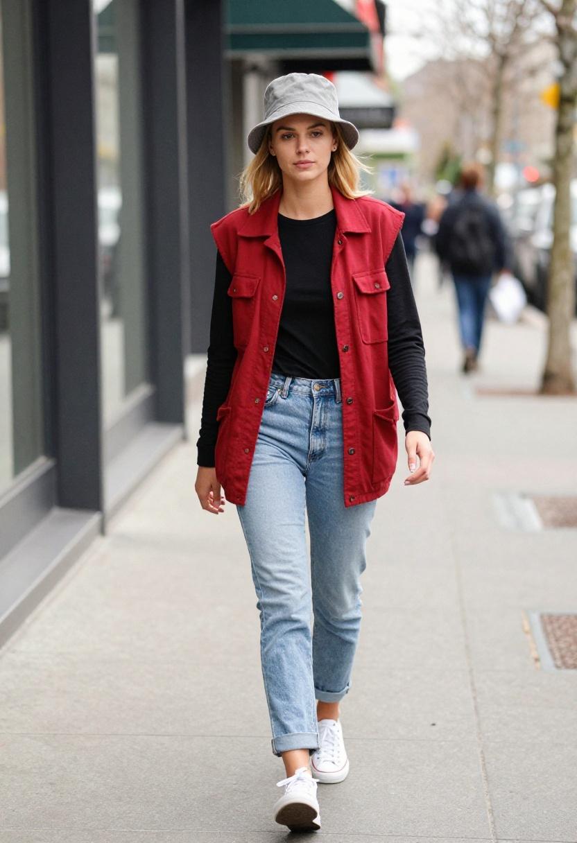 Cherry red shacket over black long-sleeve and light-wash jeans as a classic spring outfit