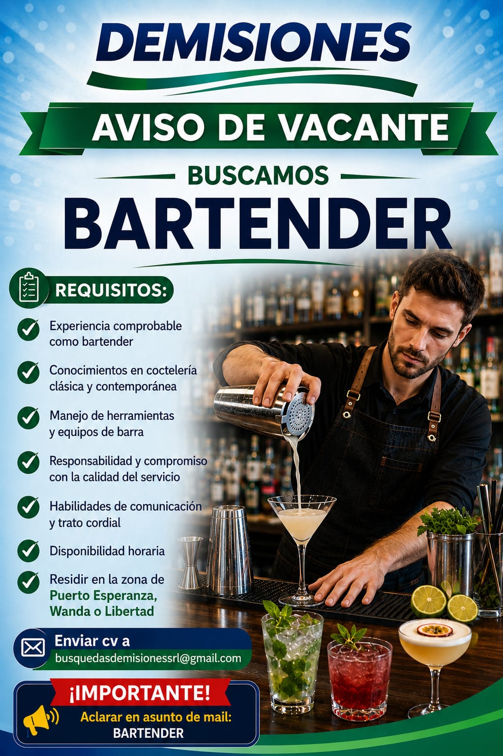 Buscamos Bartender en Puerto Esperanza