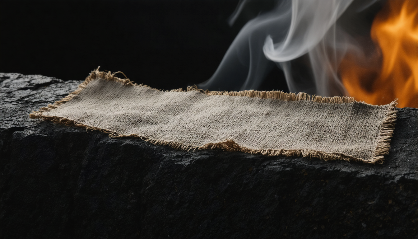 A frayed strip of coarse linen cloth resting on dark stone, backlit so its loose threads glow at the edges.