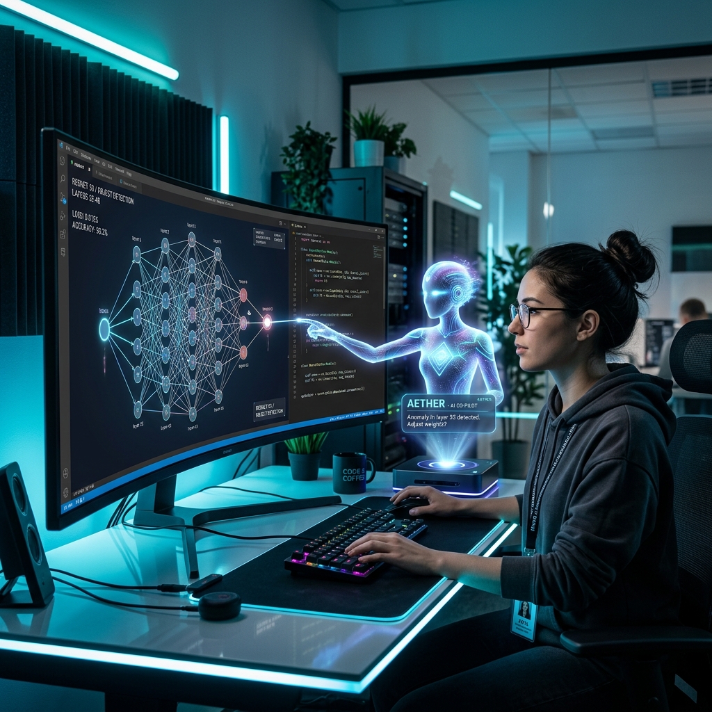 Ingeniero de software programando algoritmos de aprendizaje automático y redes neuronales