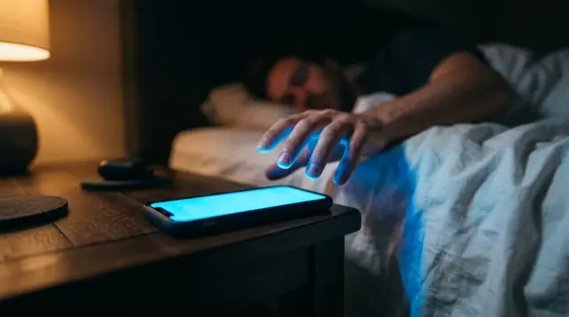 Glowing smartphone on dark nightstand casting blue light across bedsheets at night, moody atmosphere
