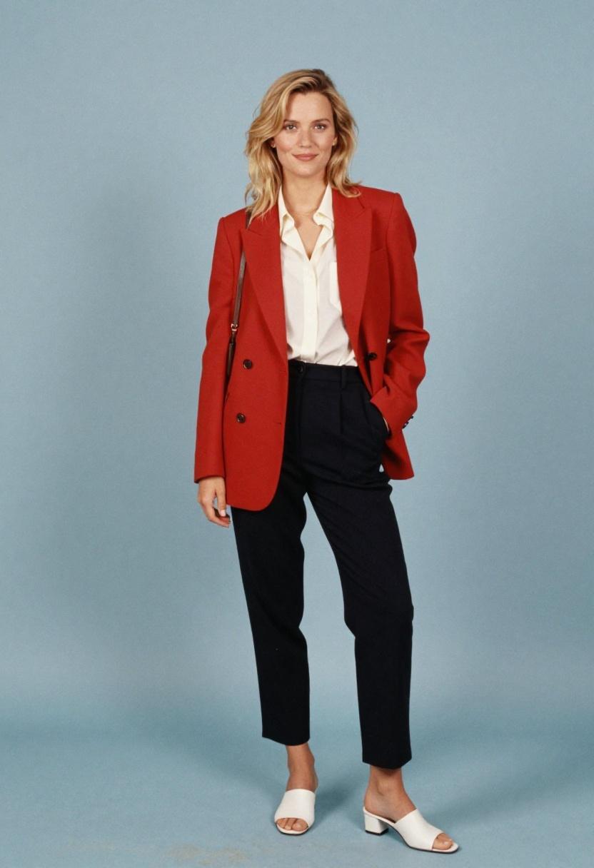 Cherry red blazer and tailored black trousers in studio setting