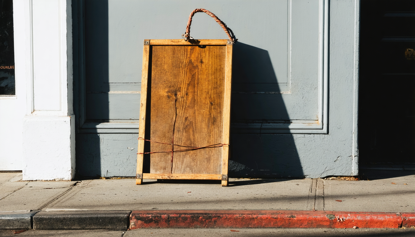 A weathered wooden sandwich board on a city sidewalk, its broken hinge reinforced with a loop of bent wire, standing slightly crooked in early morning light.