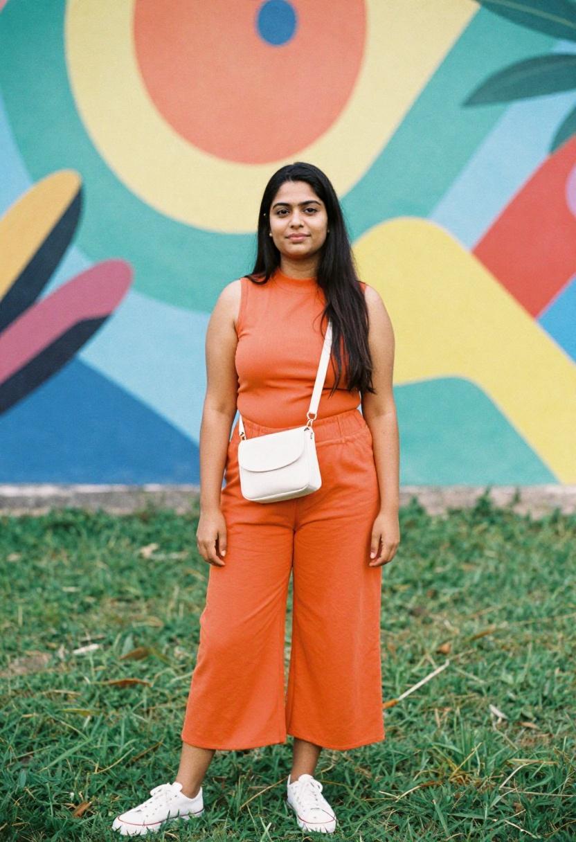 Plus size woman in tangerine orange bike shorts and mock-neck sleeveless top against a colorful street mural