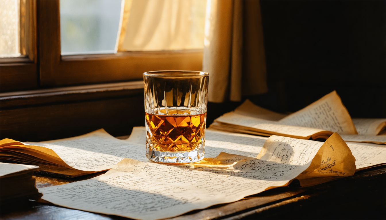An empty crystal tumbler on a writing desk with scattered manuscript pages, late evening light from a window.