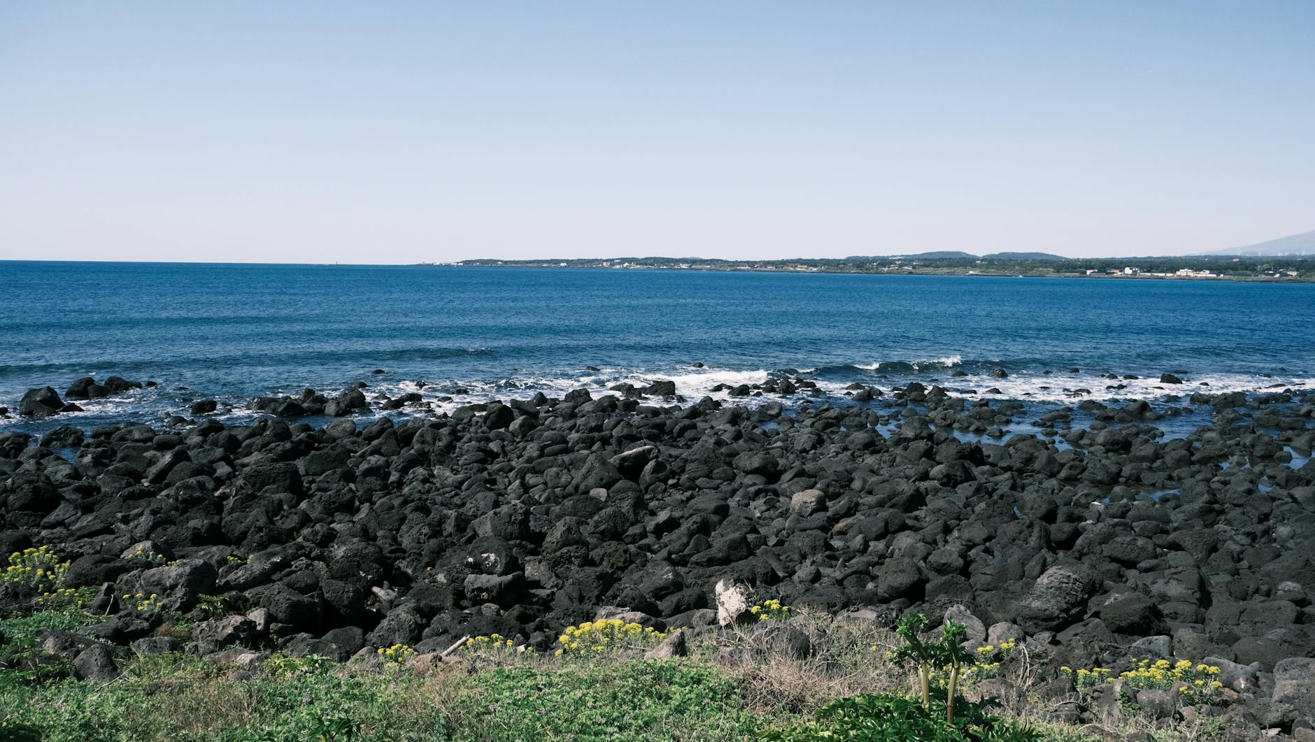 Jeju Island volcanic rock coastline with black lava boulders and blue ocean stretching to the horizon, characteristic of the island's scenic coastal driving routes