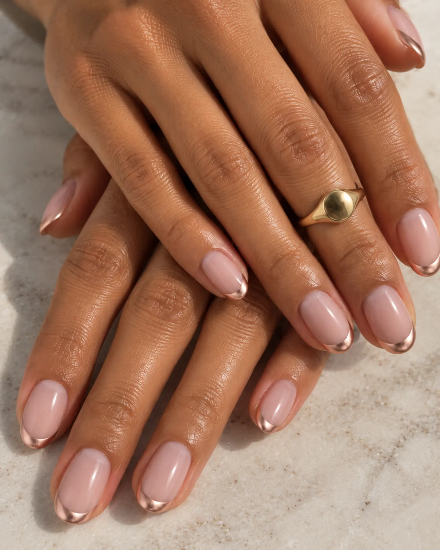 Rose Nude Soft Metallic French manicure inspiration for work nail ideas