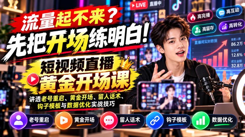 【无水印】流量起不来？先把开场练明白！短视频直播黄金开场课，讲透老号重启、黄金开场、留人话术、钩子模板与数据优化实战技巧-网创指引人