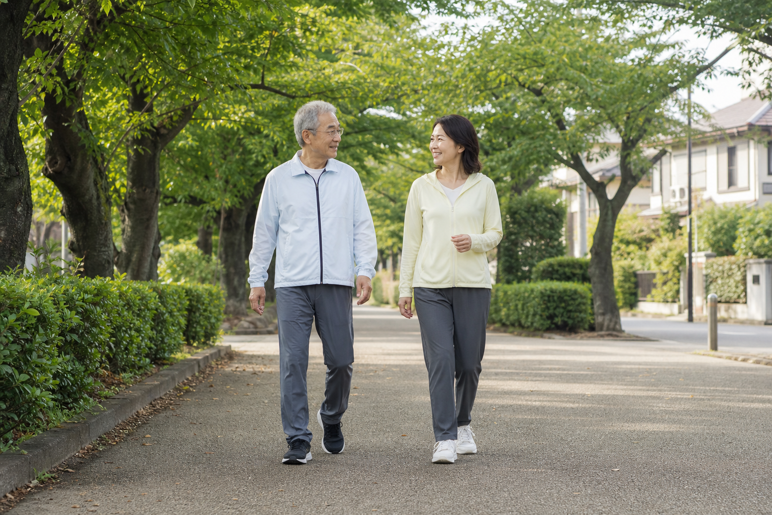 自宅近くの公園を家族と歩く高齢者
