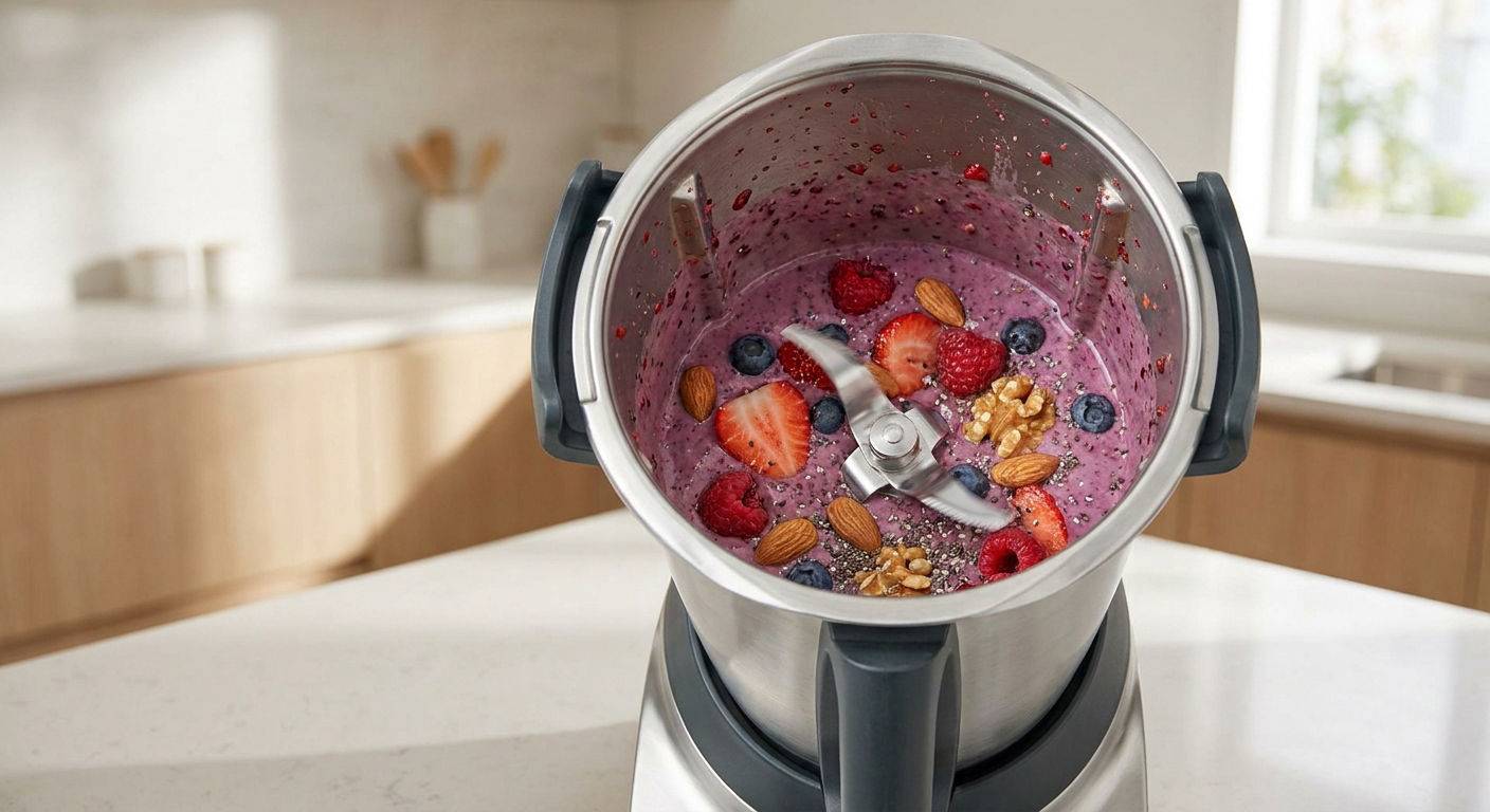 Thermomix tm7 przygotowujacy zdrowy koktajl z bliska.