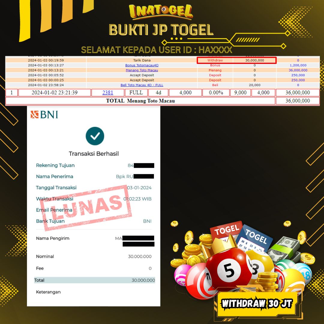BUKTI PEMBAYARAN JP TOGEL MACAU Rp30,000,000,- LUNAS