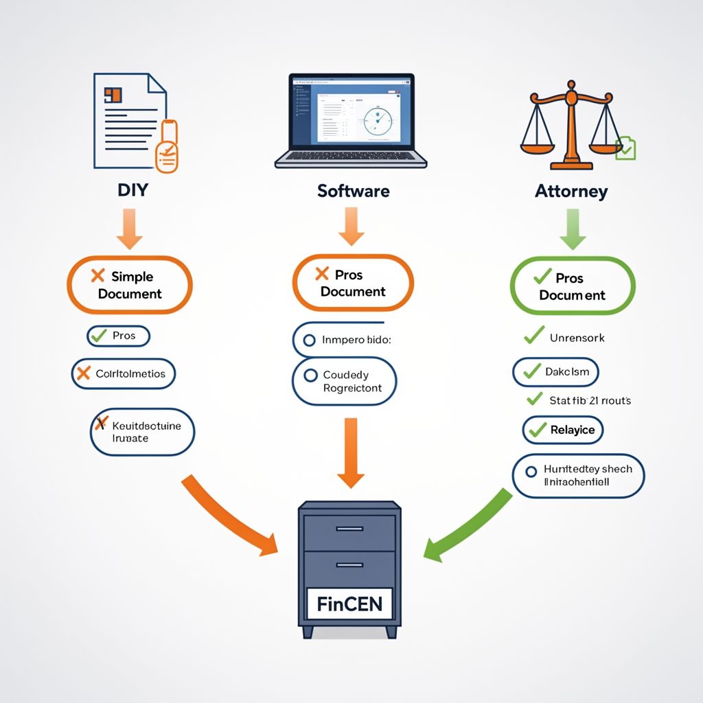 Diagram comparing DIY, software, and attorney pathways for CTA compliance filing