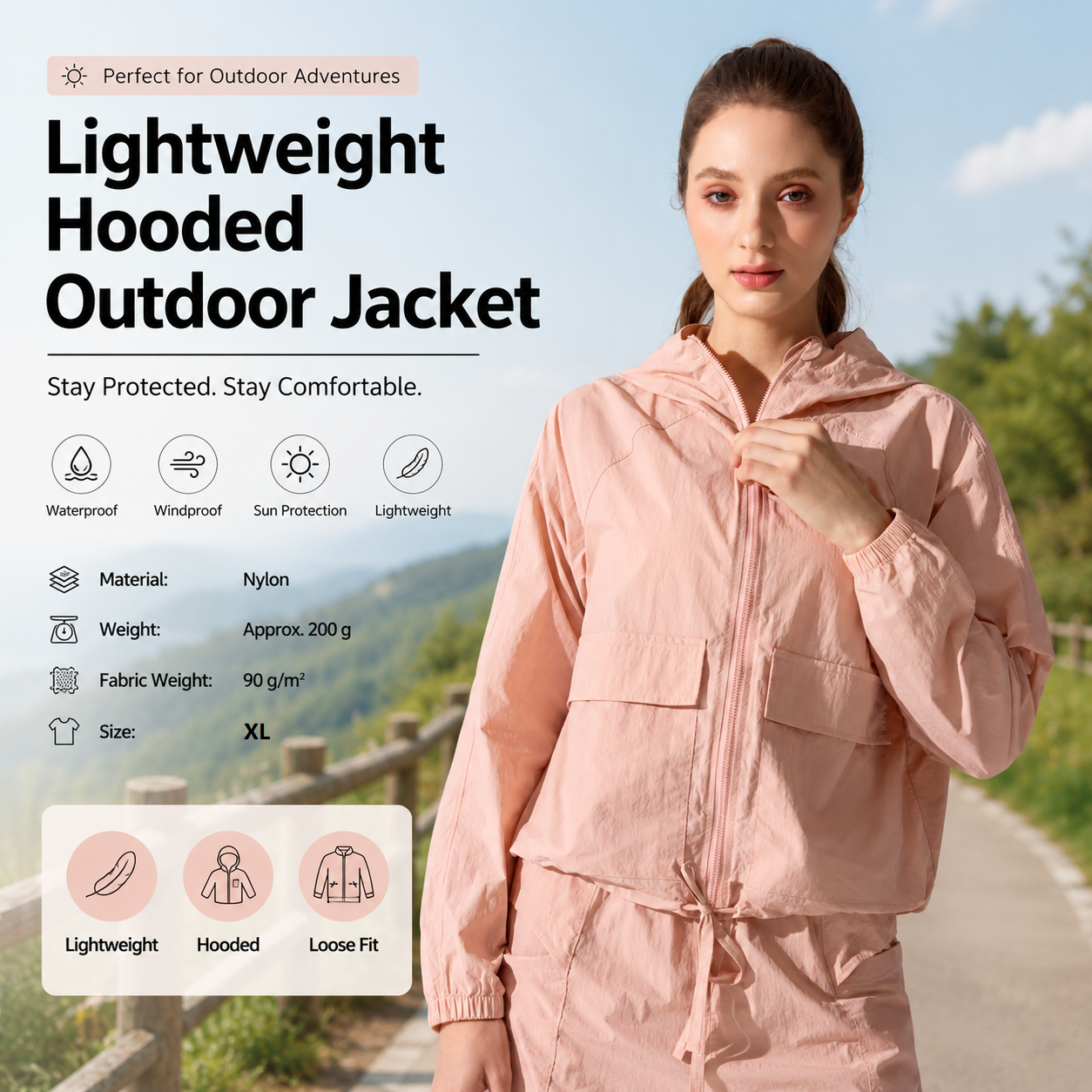 Pink XL Size Women's Lightweight Hooded Windbreaker Jacket - Nylon, Waterproof, Windproof, Sun Protection, Loose Fit for Hiking, Running, Yoga and Outdoor Activities