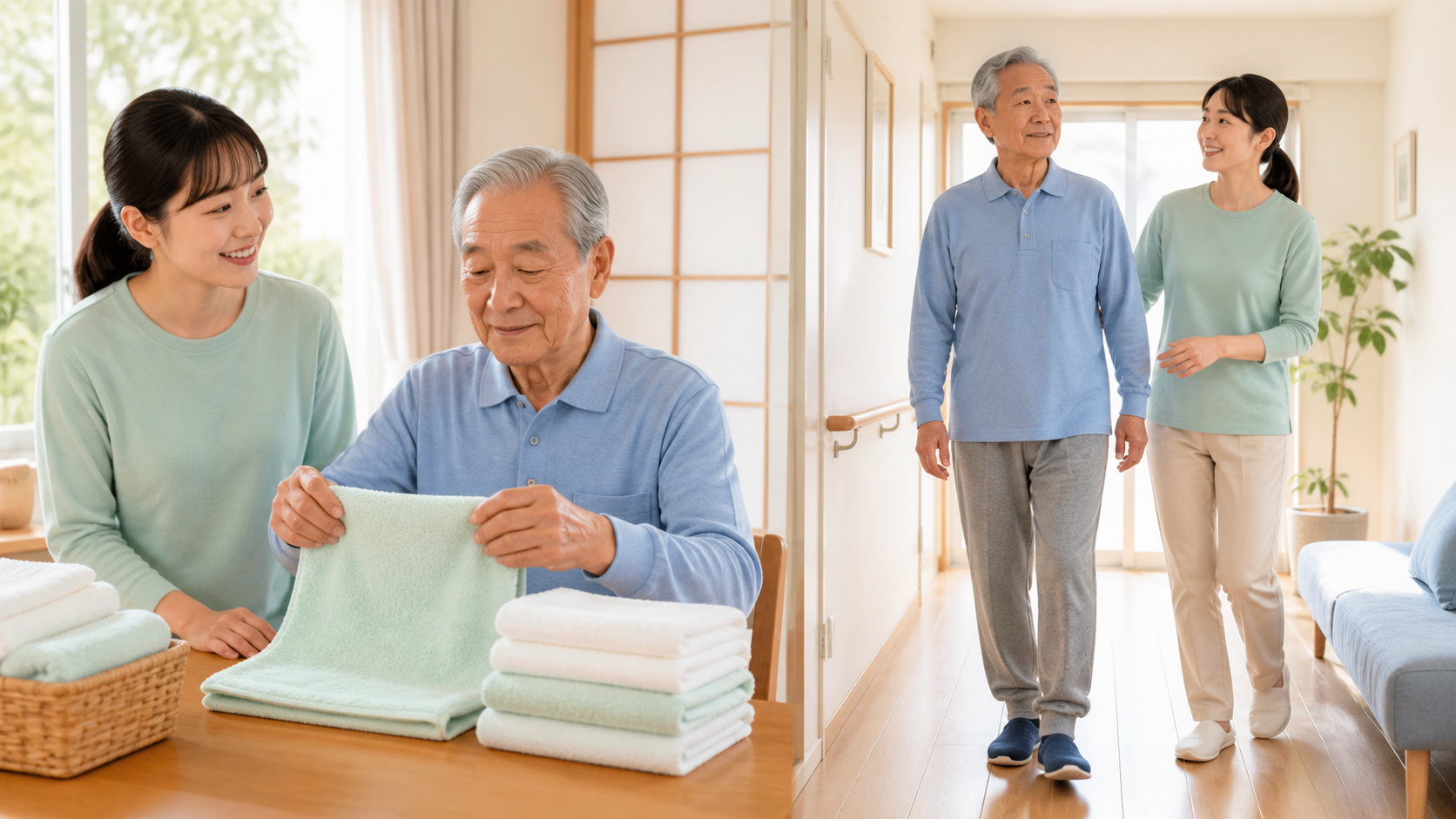 認知症のある高齢者が家族と洗濯物をたたみ日中活動に取り組む様子