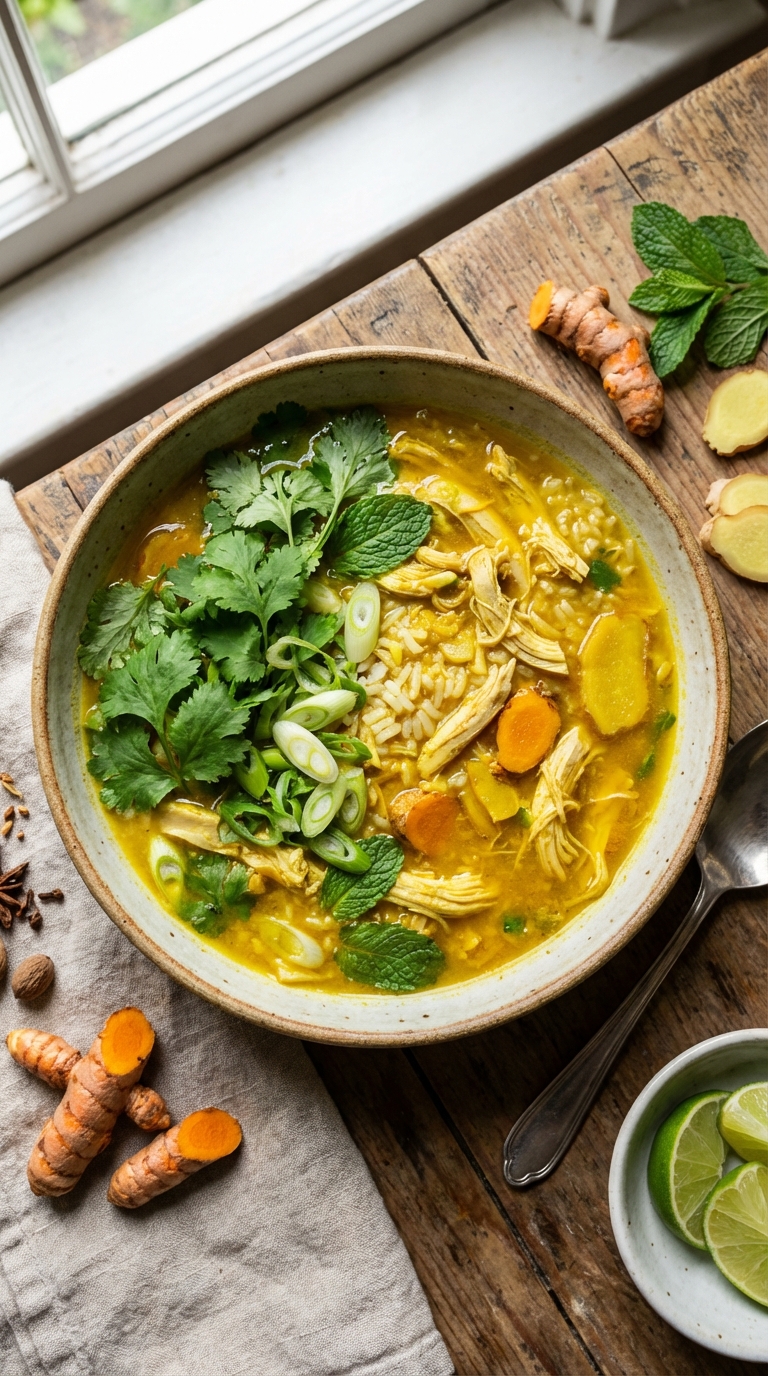 A large bowl of golden chicken and rice soup representing savory turmeric and ginger recipes