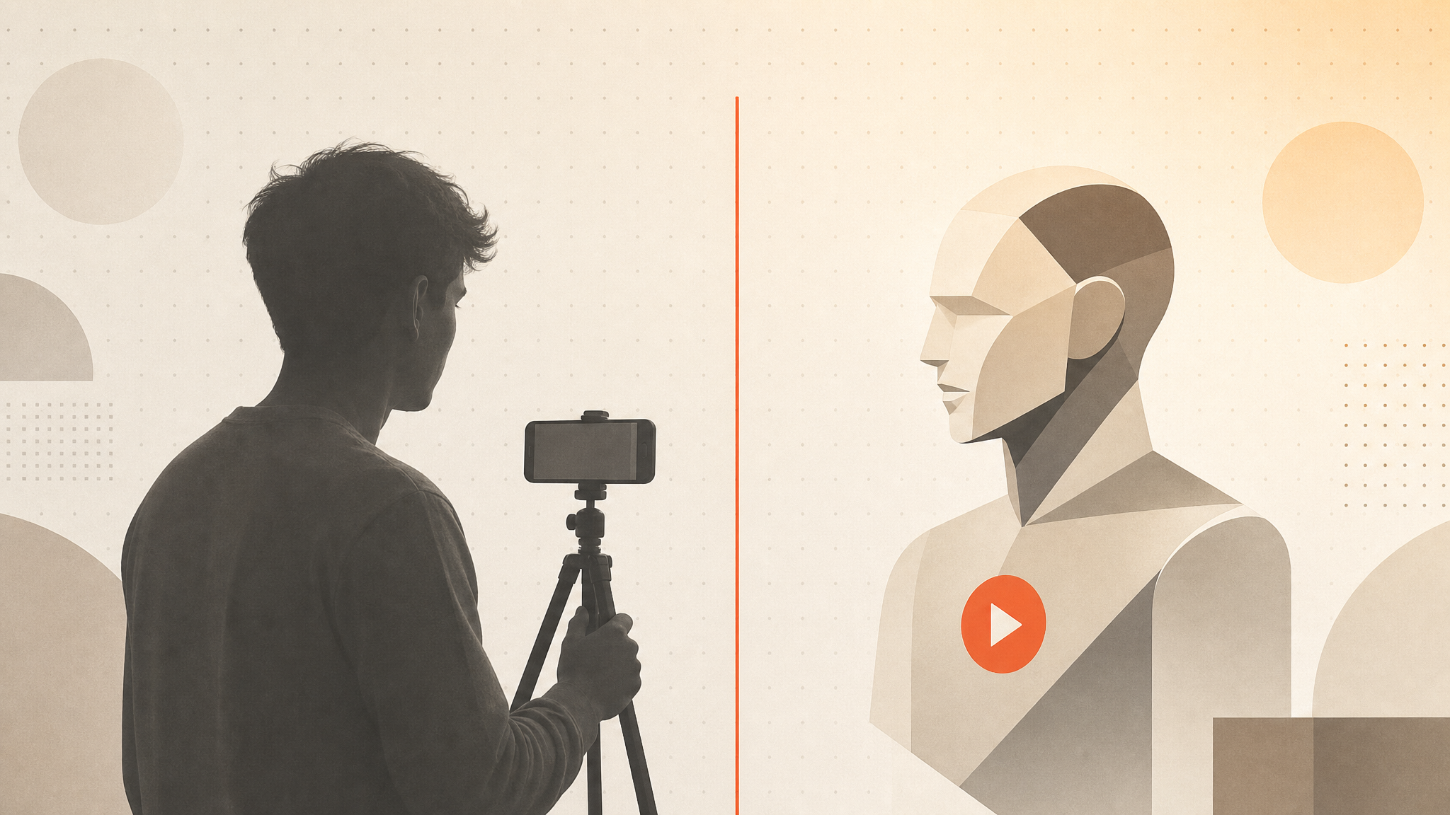 A real creator filming on a phone beside an abstract AI avatar figure, split by an orange line