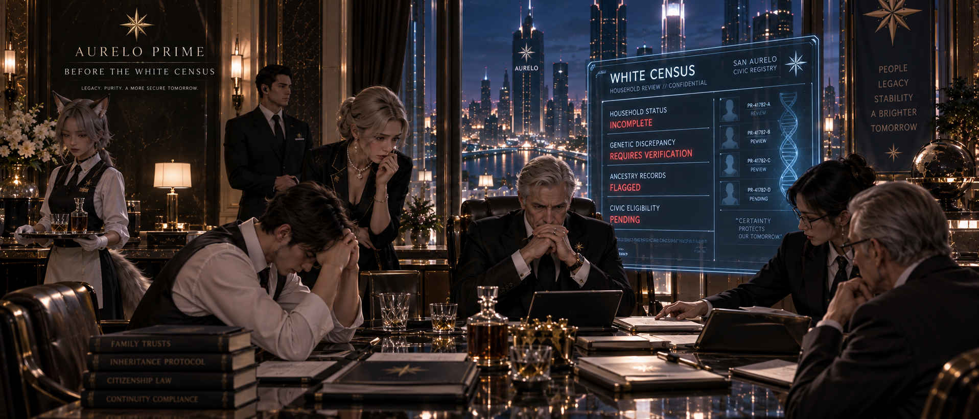 A wealthy Aurelo Prime family privately reviews a flagged ancestry discrepancy before the White Census while a demi-human household attendant serves them.