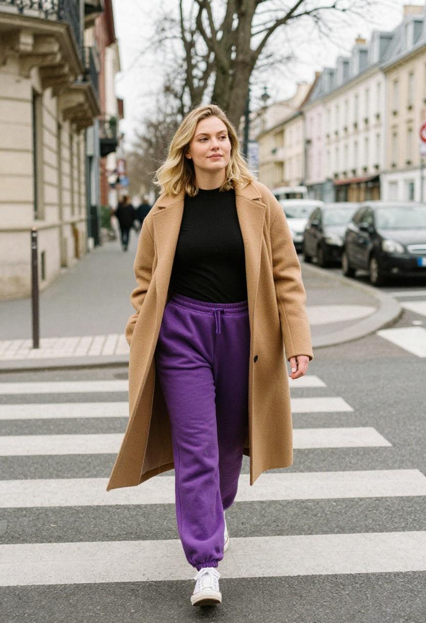 Violet purple oversized sweatpants under open camel coat European street aesthetic