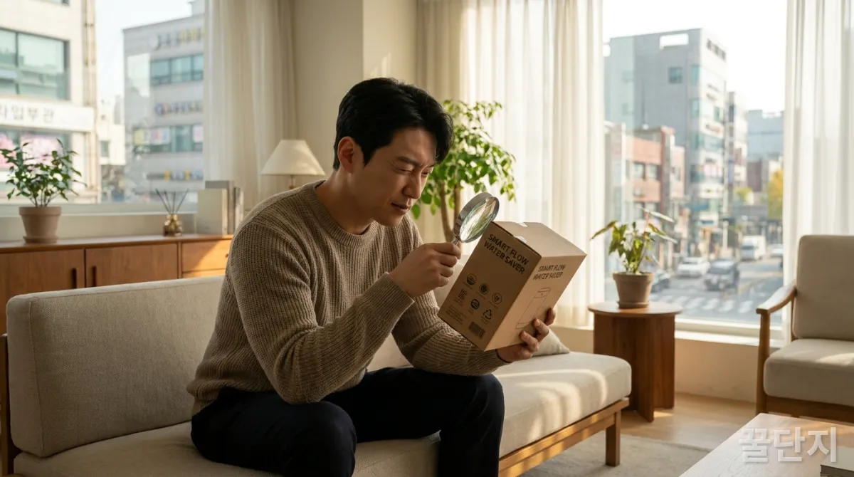 30대 한국인이 절수기 제품 상자를 들고 제품 인증 마크를 확인하는 모습, 밝은 거실 배경