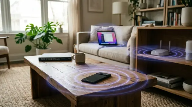Smartphone and household devices emitting visible electromagnetic wave ripples in modern living room