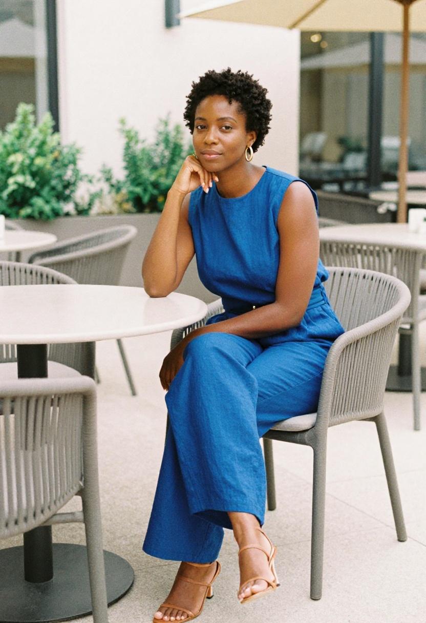 Cobalt blue wide-leg linen jumpsuit with gold accessories for spring bridal shower
