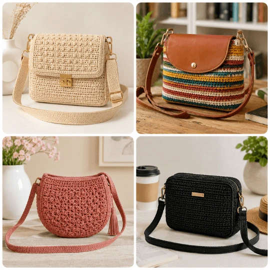 Mosaico de bolsas cruzadas de crochet