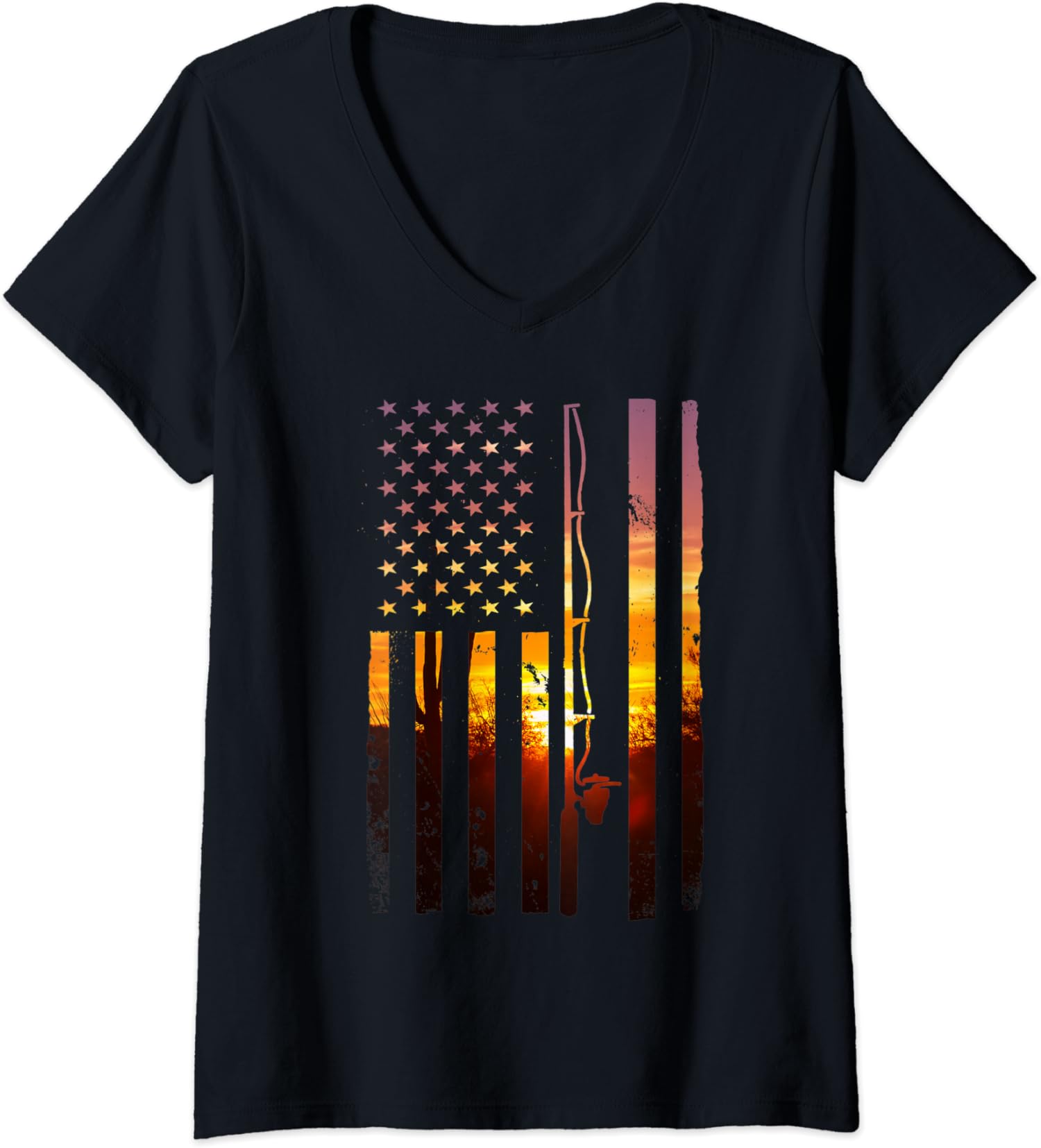 American Flag Fish Fisher Fisherman Funny Bass USA Ladies’ V-Neck Tshirt