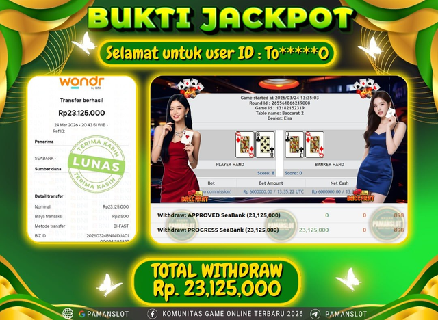 Selamat kepada Member PAMANSLOT Live PP - Baccarat 2 :  TO*****0