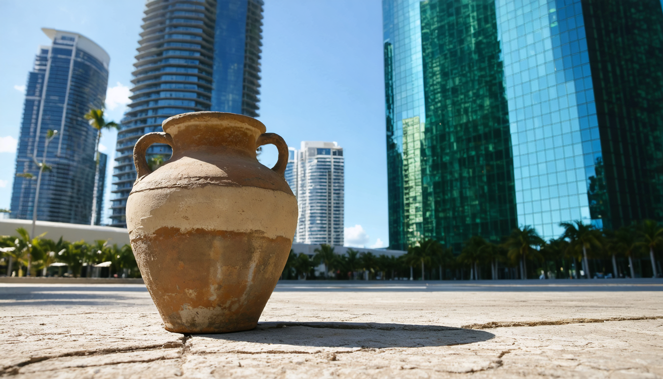 A single ceramic jar sitting in harsh midday sunlight on cracked concrete, surrounded by modern glass high-rises
