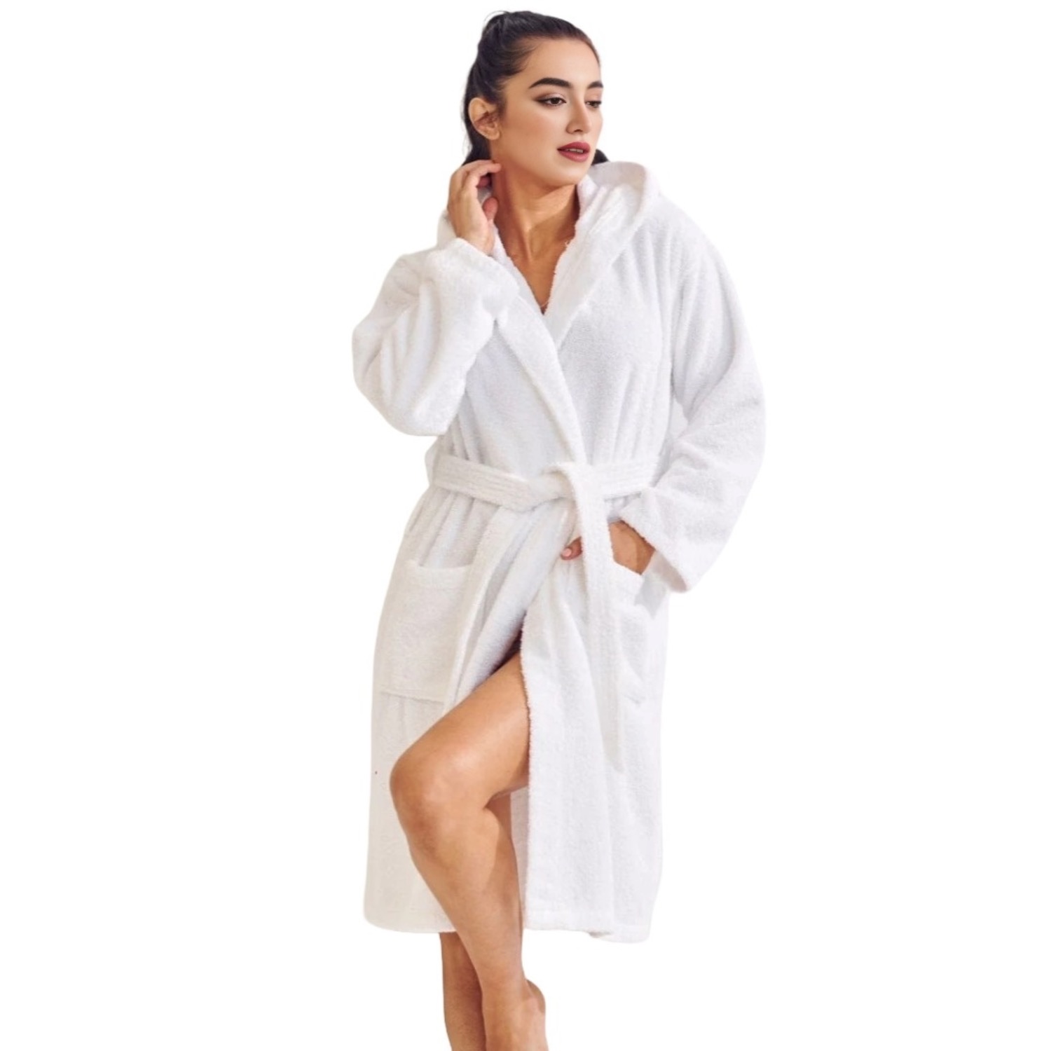 Women's Terry White Bathrobe, Hooded (Small/Medium) | Soft, Comfy, and Absorbent | for After the Shower or Spa view 4