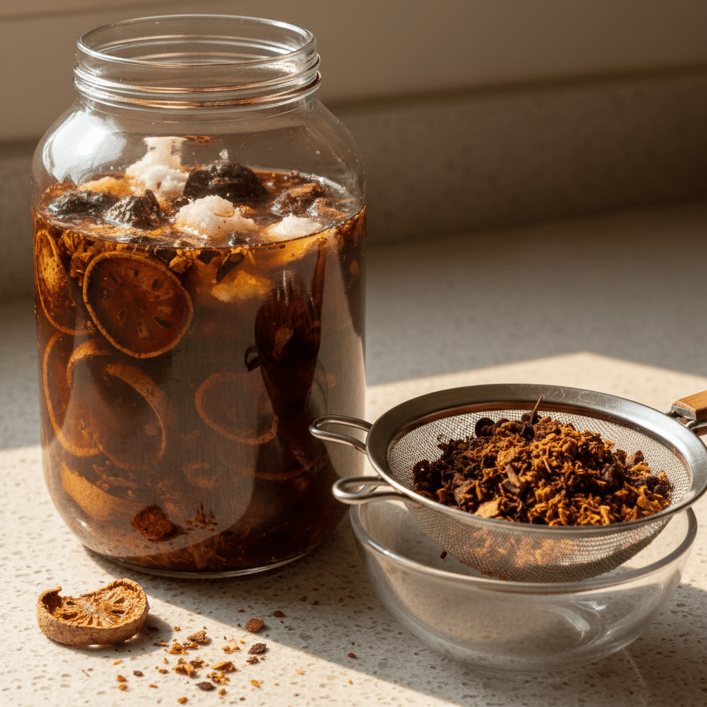 DIY shikakai oil being prepared in a clean glass jar