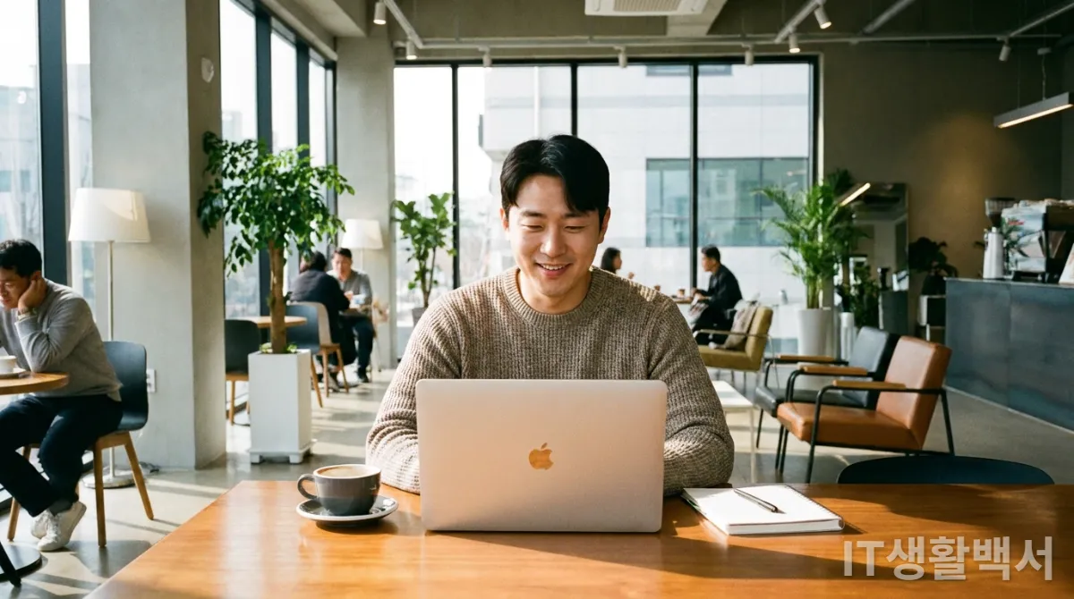 30대 한국인 남성이 깔끔하게 관리된 노트북을 만족스러운 표정으로 사용하는 모습, 밝고 현대적인 카페 배경