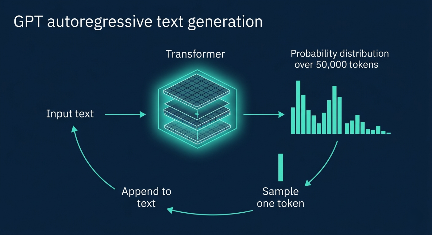 LLM next token prediction probability distribution diagram showing vocabulary tokens with probability bars and sampling mechanism