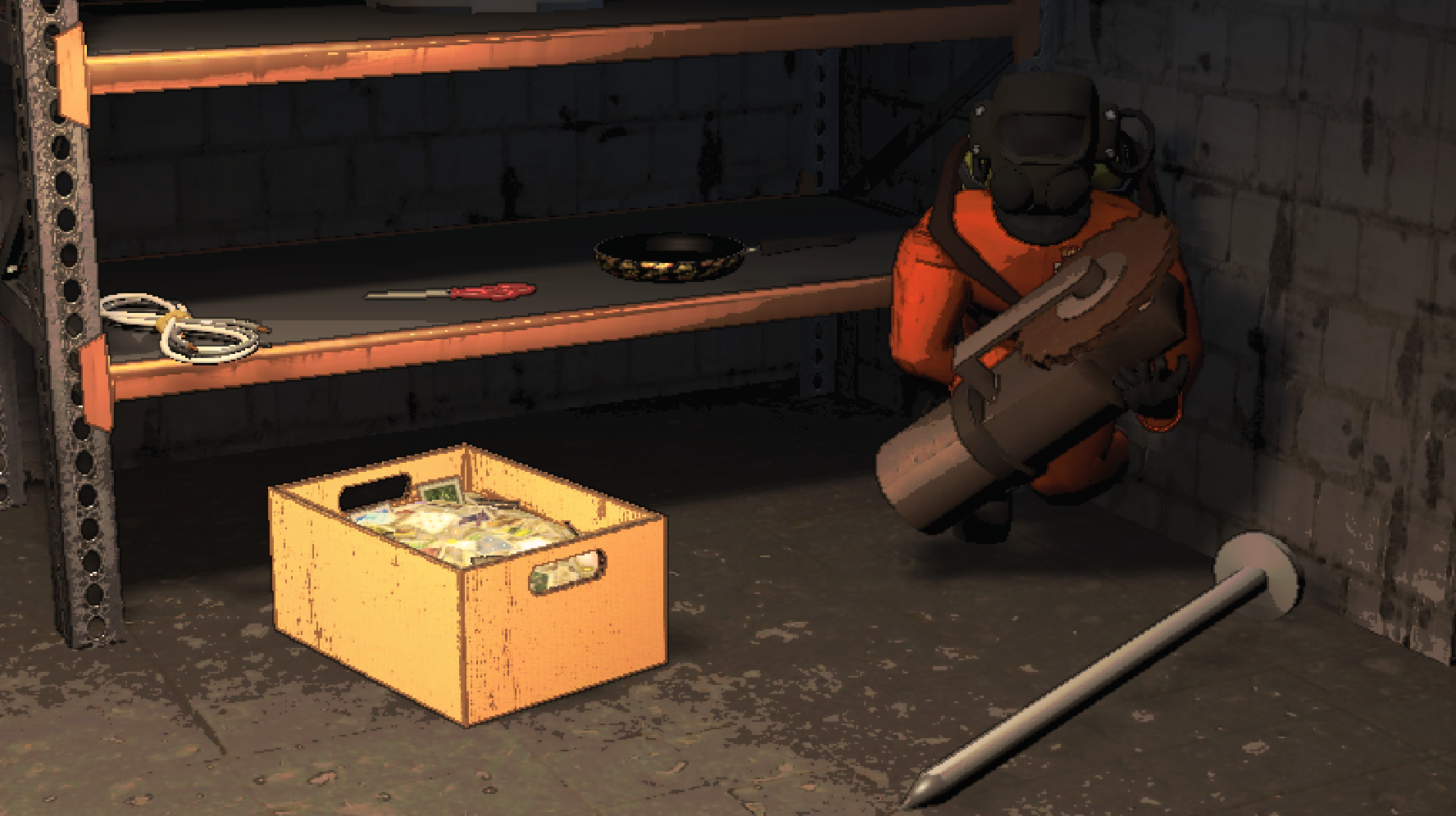 A screenshot of all the scrap items listed above in a Factory room. An employee holds the metal grinder, and the other items are strewn on the floor or on an adjacent shelf.