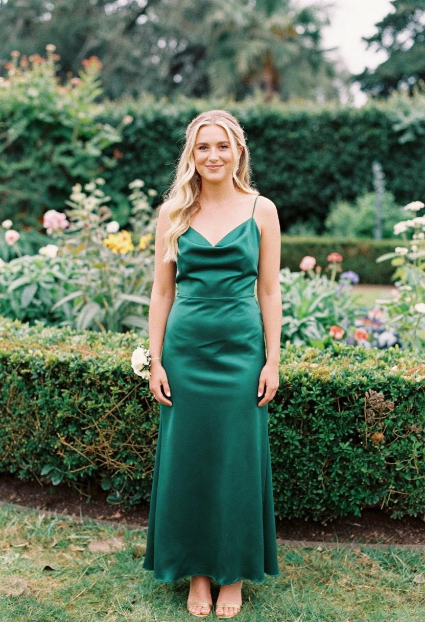Rich emerald green satin midi dress with cowl neckline at a garden wedding